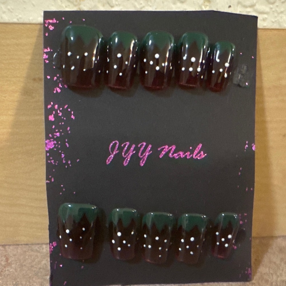 Forest Green Burgundy Polka Dot Press On Nails Square Set Manicure